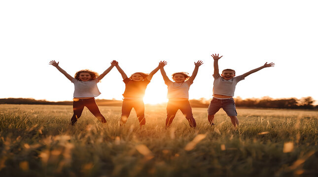 Group of Friends Jumping in Golden Field at Sunset with Arms Raised