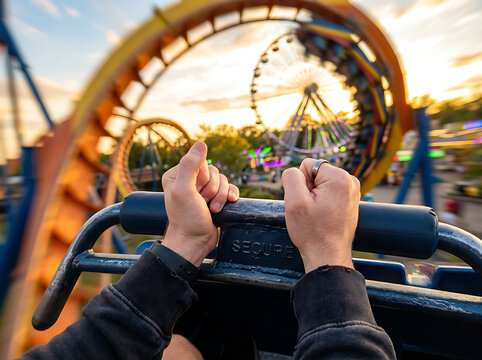First-person view of hands gripping a rollercoaster safety bar with blurred amusement park rides in the background at sunset.