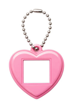 PNG Pink heart-shaped photo keychain.