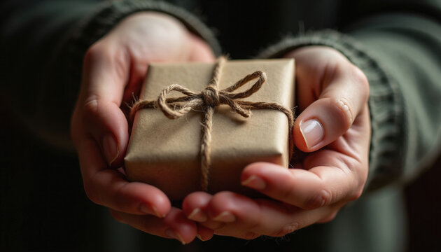 Hands hold small rustic wrapped gift box tied with twine. Giving a present is a gesture of kindness. Share happiness, express gratitude, celebrate special moments, show care.