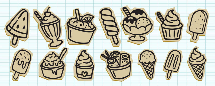 hand drawn ice cream doodle sticker set in scrapbook cutout style. cute summer dessert illustrations perfect for journals, planners, menus and sweet food design