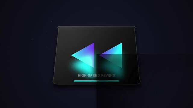 High speed rewind icon with neon glowing interface on dark background