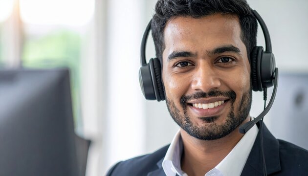 customer support representative with headset assisting clients, communication service concept