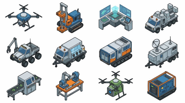 Isometric pixel art collection of futuristic vehicles and machinery.
