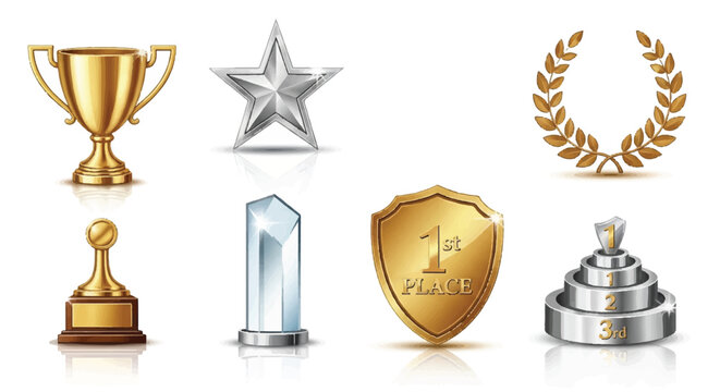 Collection of shiny trophies and award symbols representing achievement and victory in sports.