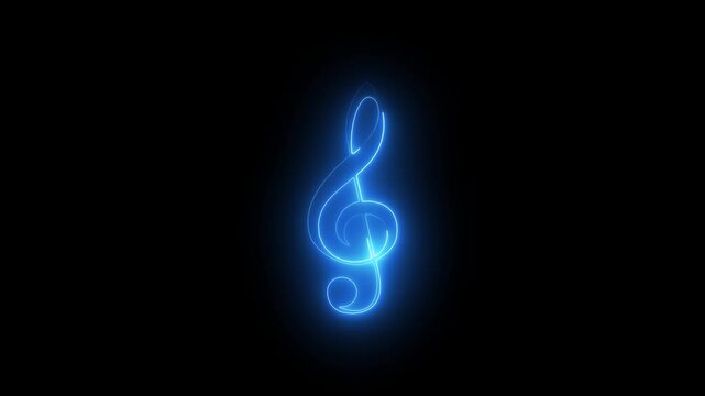 Neon glowing treble clef symbol on black background template decoration and covering on the black background.