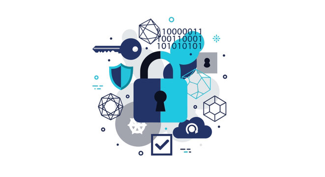 Cybersecurity and Data Protection Concept Illustration with Padlock, Shield, Key, and Binary Code Icons on White Background