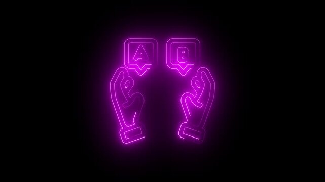 Neon sign of two hands holding speech bubbles with letters a and b, representing a choice or comparison concept