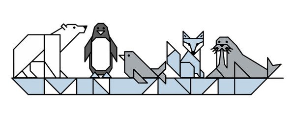 Geometric tangram illustration of arctic wildlife on ice. Features polar bear, penguin, arctic bird, arctic fox and walrus in modern origami style with bold outline. © Gfx_Parvej