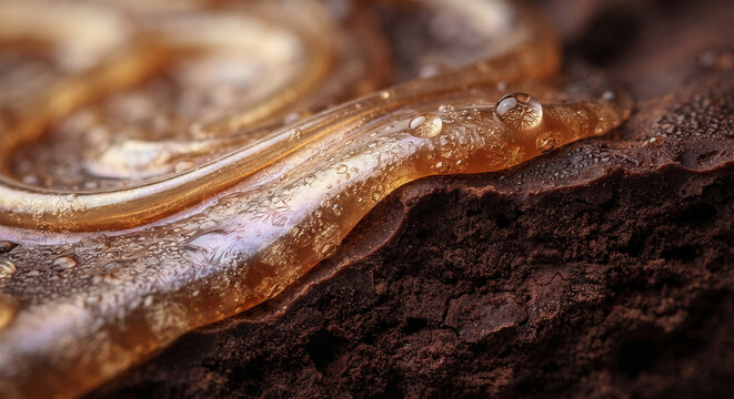 Macro close-up of golden honey drizzling over rich dark chocolate cake surface with dew drops