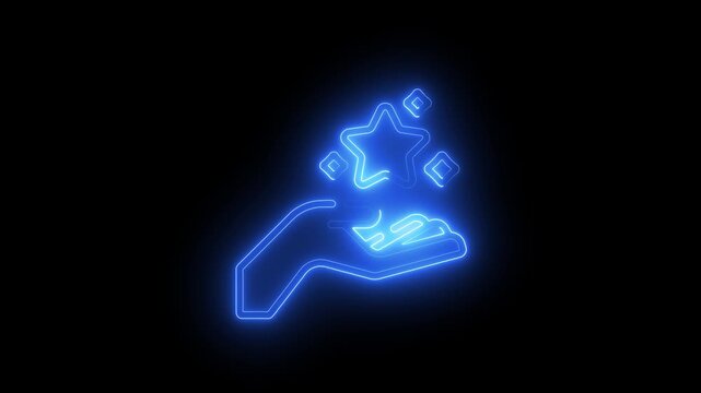 Neon blue glowing icon of a hand holding a star, representing success, achievement, or quality service