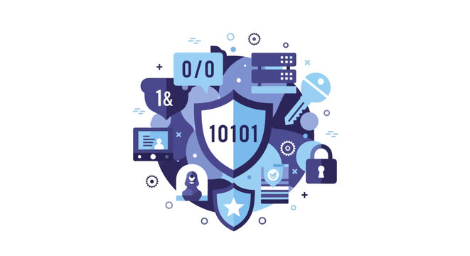 Cybersecurity and Data Protection Concept Illustration with Shield, Lock, and Binary Code Symbols
