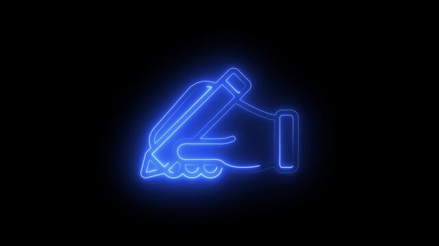 Neon blue glowing icon of a hand holding a pencil, digital art style illustration