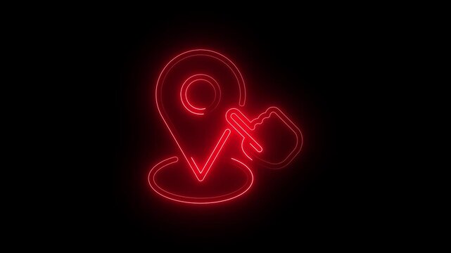 Neon red location pin icon with a pointing hand gesture, glowing map marker symbol on a black background