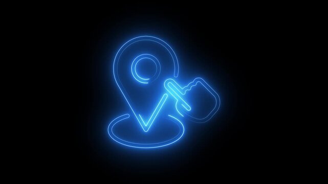 Neon blue location pin icon with a pointing hand gesture, glowing map marker symbol on a black background