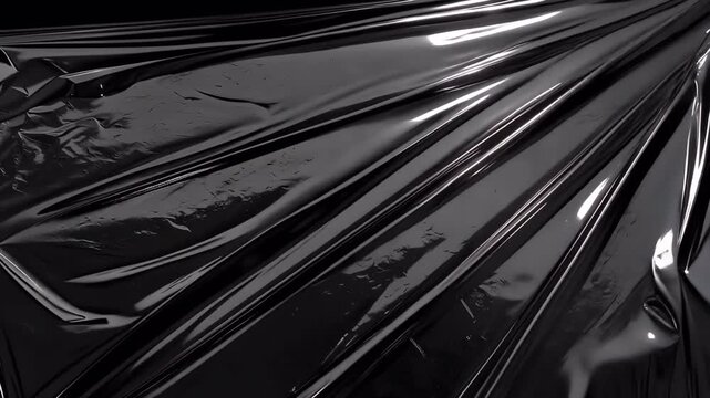 Abstract dark black plastic wrap texture with glossy light reflections.