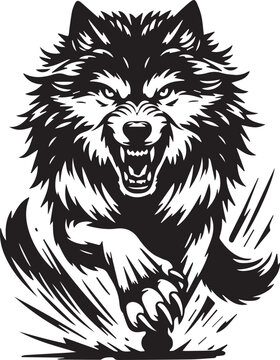 Angry wolf charging forward with bared teeth and sharp claws vector illustration for aggressive sports mascot and powerful animal predator design.
