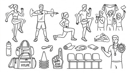 Fototapeta premium Sports Training and Active Lifestyle Character Kit – Warm-Up Exercises, Fitness Coaches and Spectator Figures Vector Set