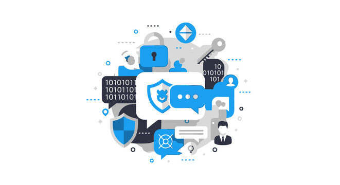 Cybersecurity and Data Protection Concept Illustration - Secure Communication, Information Privacy, and Digital Safety Flat Vector Graphic with Padlock and Shield Icons