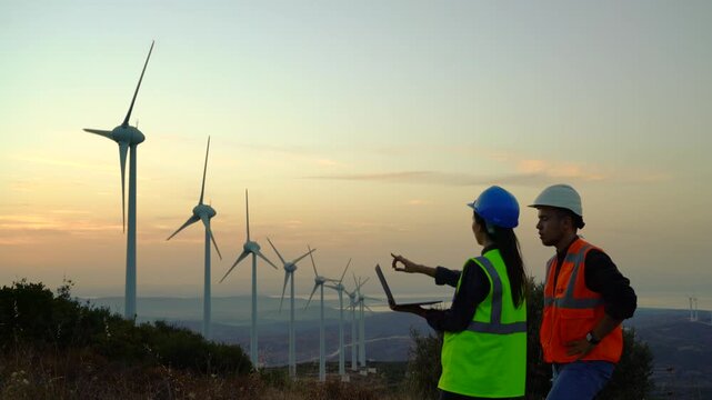Two workers in safety gear, one wearing a blue hard hat and high-visibility vest, the other in a white hard hat and orange vest, examine wind turbines on a hillside at dusk.