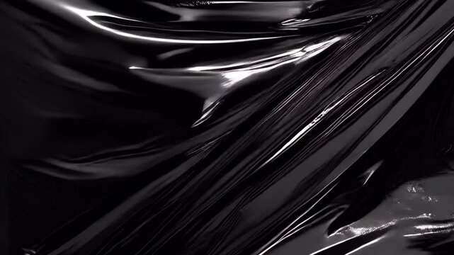 Abstract dark black plastic wrap texture with glossy light reflections and smooth folds.