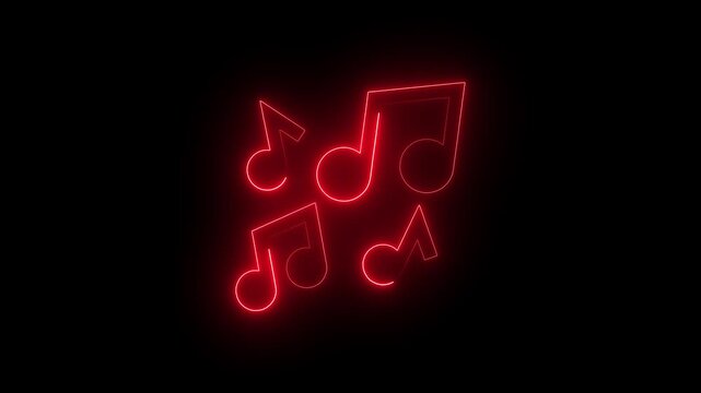 Neon red music notes icons on a black background glowing neon line music icon. music icon animation on black background. video