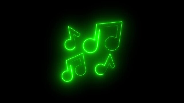 Neon green music notes icons on a black background glowing neon line music icon. music icon animation on black background. video