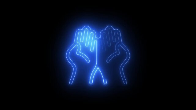 Neon blue glowing line art of two hands held up in a gesture of prayer or supplication on a black background