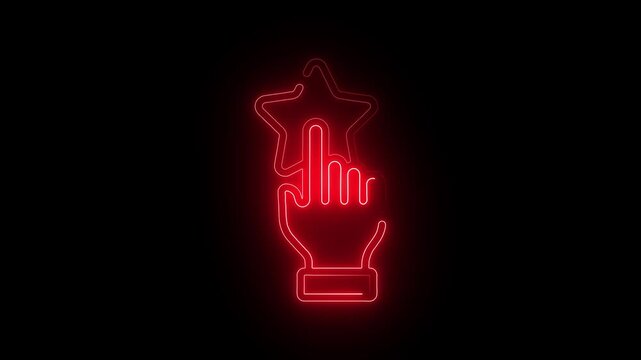 Neon red hand pointing at a star icon on a black background experience. human hands holding-hugging star symbol. neon logo animation for web on black background editable
