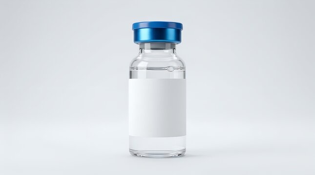 Empty medical injection vial with blue cap and blank white label