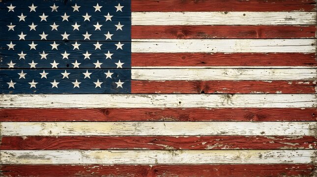 Vintage american flag on distressed wooden planks