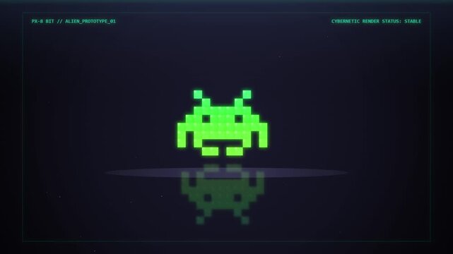 Retro 8-bit alien character floating with digital interface reflection