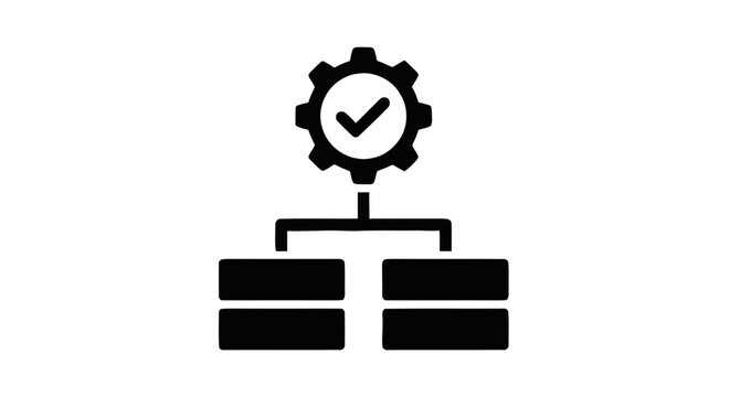Vector illustration of gear icon with check mark above two stacked database or server blocks on a transparent background