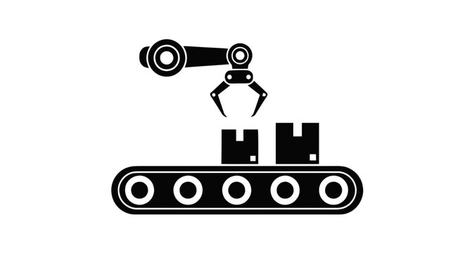 Vector illustration of industrial robotic arm picking a box from a conveyor belt on a transparent background