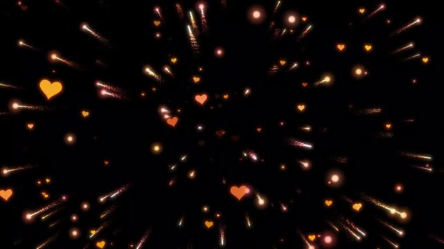 4k golden heart particle burst animation, romantic glowing light trails explosion overlay on black background, premium motion graphics for wedding and valentine projects