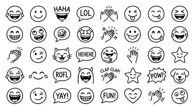 Doodle Emoticon Collection: Happy Faces, Laughter, Applause, and Fun Symbols