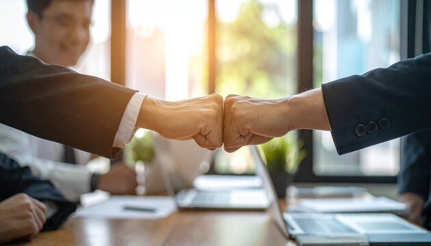 business partnership and motivation concept with coworkers fist bumping, realistic corporate photography