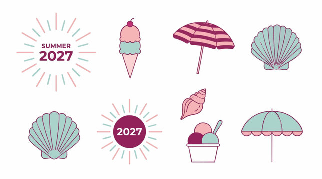 Flat Vector Summer 2027 Beach Element Set with Ice Cream Seashells Beach Umbrella Pink Teal