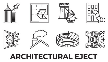 Fototapeta premium Architectural eject concept with building ejecting rocket and various building safety escape symbols.