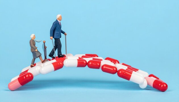 Aging population crossing bridge made of medicine capsules, longevity and healthcare innovation concept