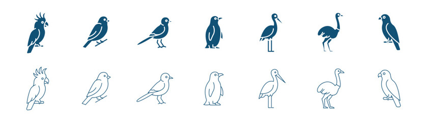 Fototapeta premium Bird Species Icon Set – Wildlife Avian Silhouette Collection, clean line art vector illustration set. EPS 10