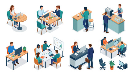 Fototapeta premium Isometric Coworking People Vector Set – Office Workspace, Cafe Workers, Business Meeting and Reception Elements
