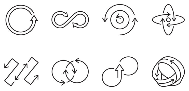 Circular arrows and infinity symbols representing cycles, loops and continuous motion.