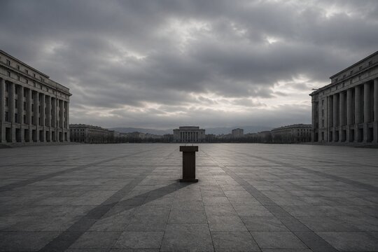 A vast, empty stone plaza with a solitary podium under overcast light.