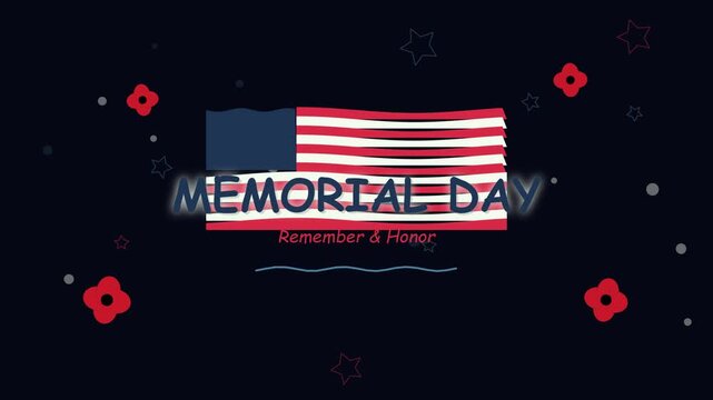 Memorial Day background with waving American flag and poppy flowers