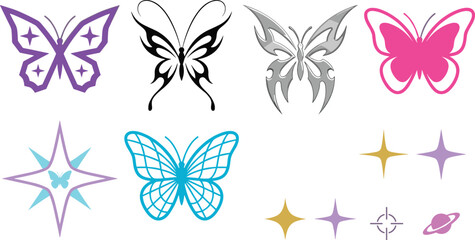 Obraz premium Elegant Butterfly Icon Collection with Decorative Wing Designs, Sparkle Stars, Celestial Symbols, and Modern Nature Inspired Vector Illustration Set