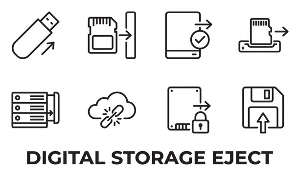 Digital storage eject icons set for usb sd card hard drive cloud floppy disk.