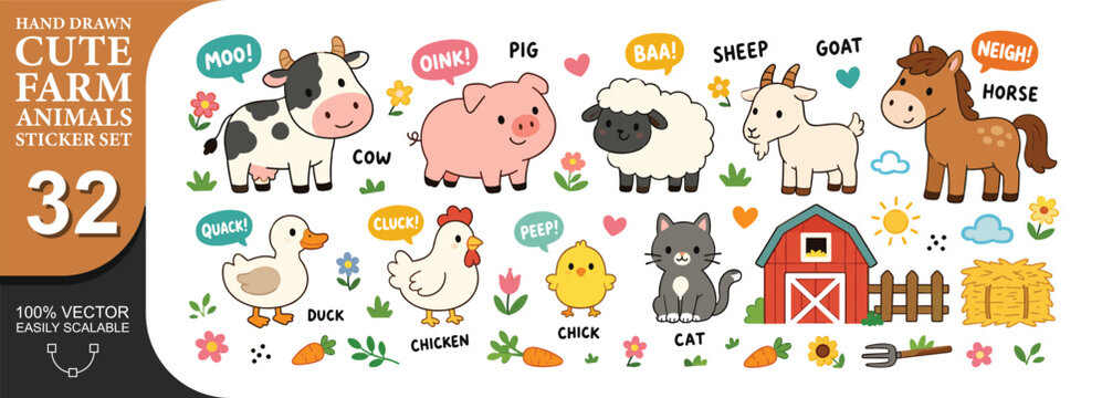Cute farm animals sticker set with text bubbles and animal sounds in flat hand drawn cartoon style.