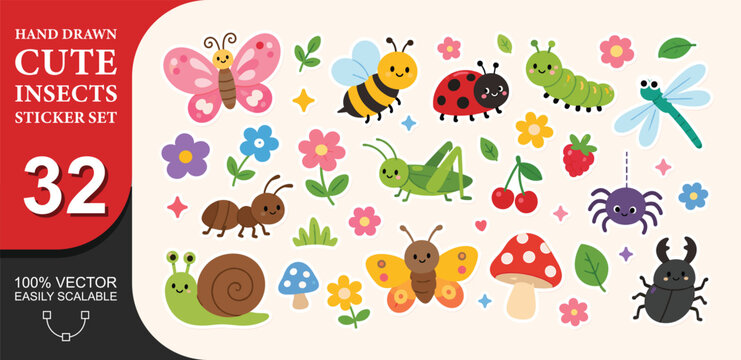 Cute cartoon insects and bugs sticker set. hand drawn doodle elements for kids with butterfly, bee, ladybug, caterpillar, dragonfly, ant, snail, grasshopper, mushroom, beetle and other forest plants.