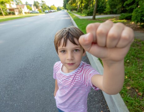 Young boy showing a clenched fist in street